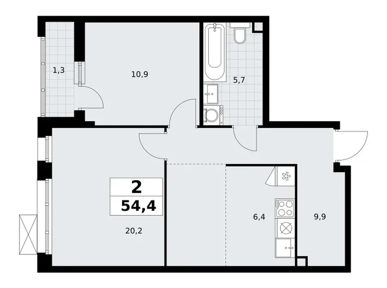 2 room apartment 54 m² Vnukovo, Russia