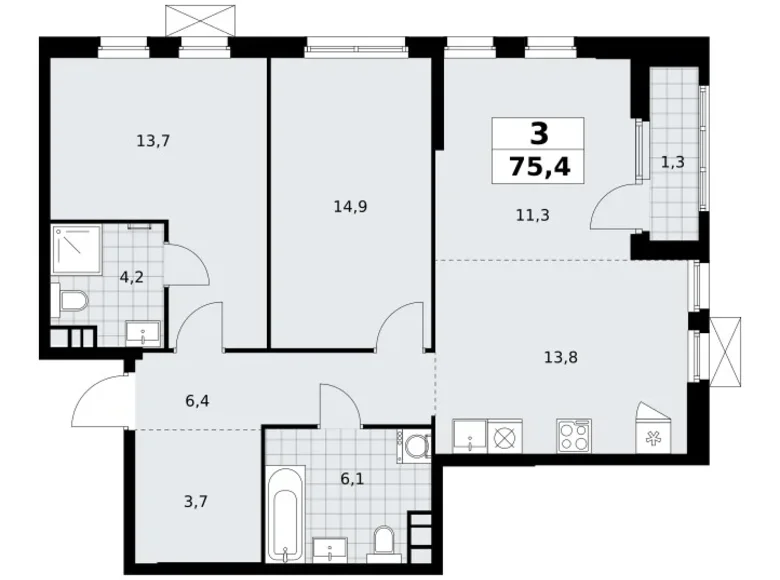 3 room apartment 75 m² Moscow, Russia