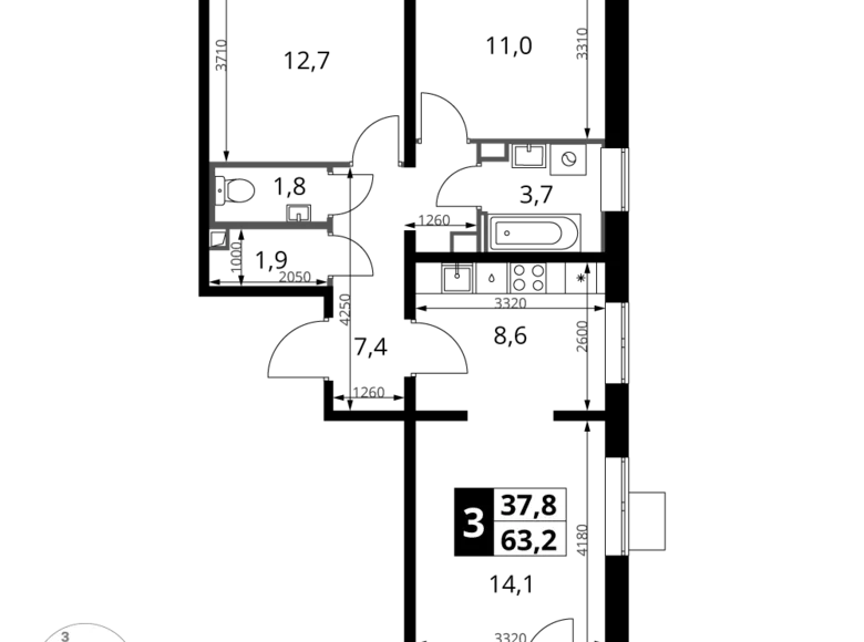 3 room apartment 63 m² Leninsky District, Russia