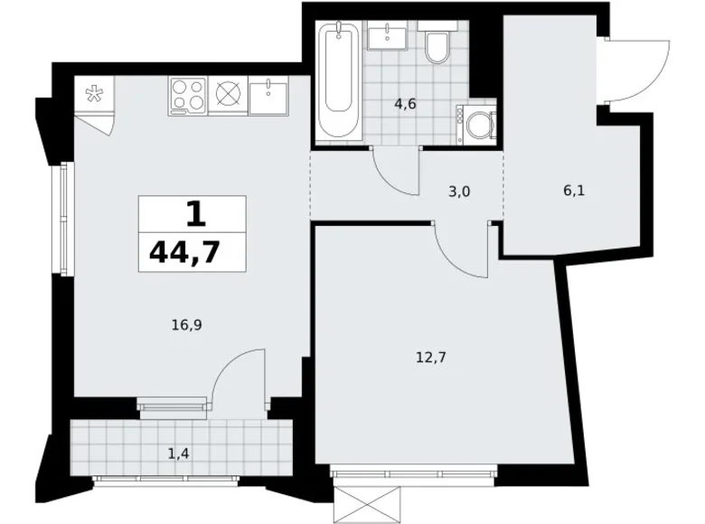 1 room apartment 45 m² Troitsk, Russia
