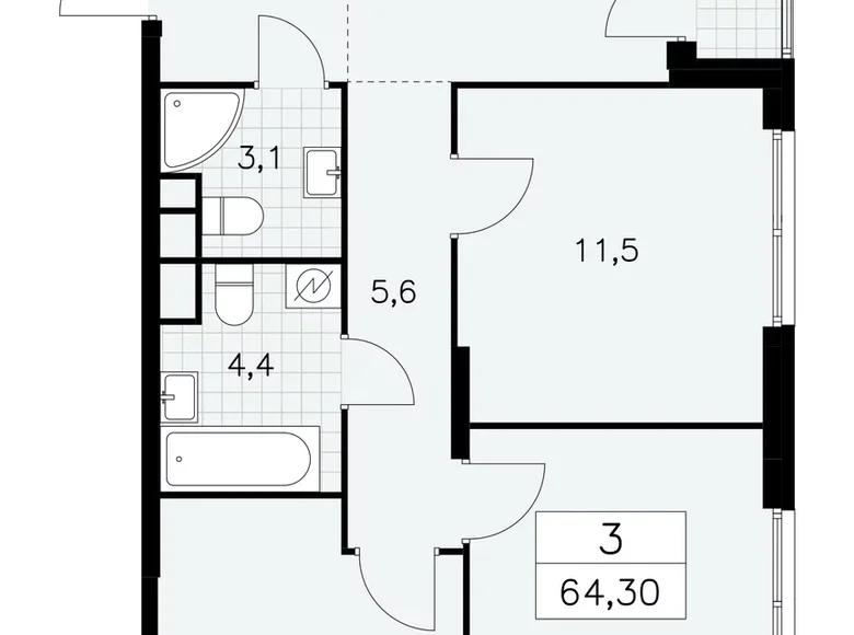 3 room apartment 64 m² Moscow, Russia