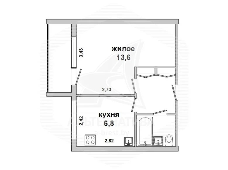 1 room apartment 28 m² Muchaviecki sielski Saviet, Belarus