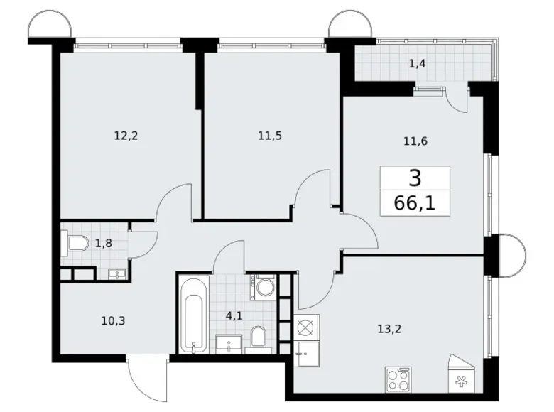 Appartement 3 chambres 66 m² Vnoukovo, Russie