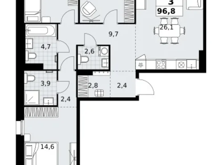 3 room apartment 97 m² Kommunarka, Russia