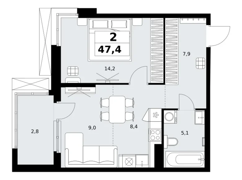 2 room apartment 47 m² Kommunarka, Russia