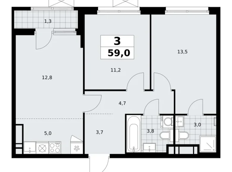 3 room apartment 59 m² Kommunarka, Russia