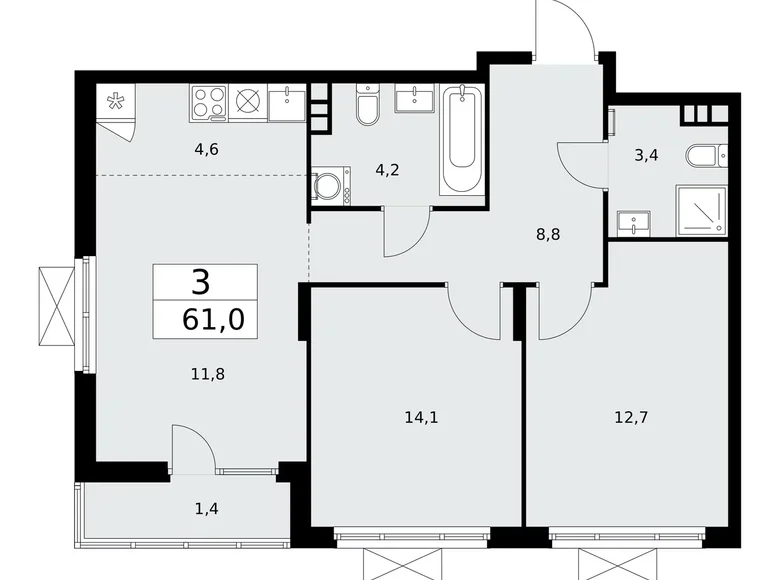 3 room apartment 61 m² Troitsk, Russia