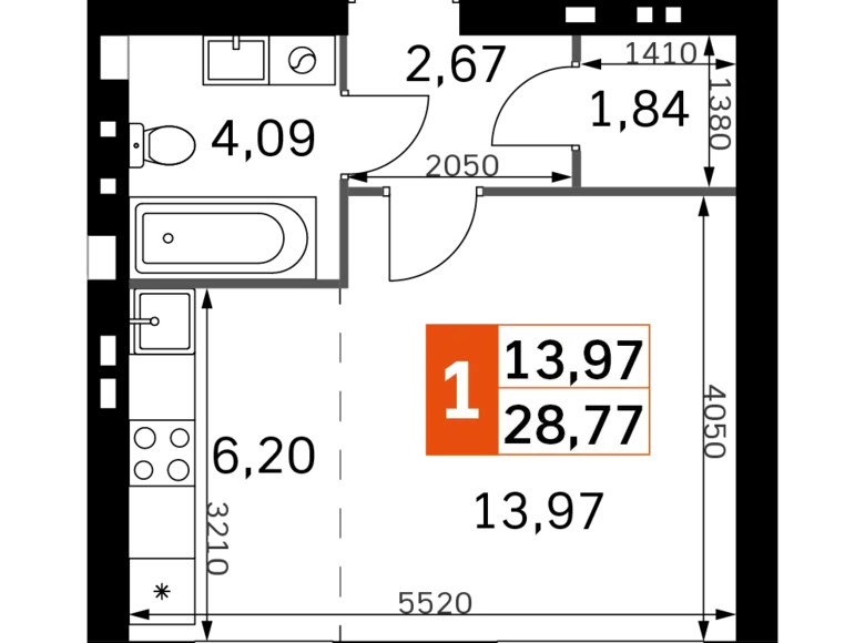 1 room studio apartment 29 m² Odincovskij gorodskoj okrug, Russia
