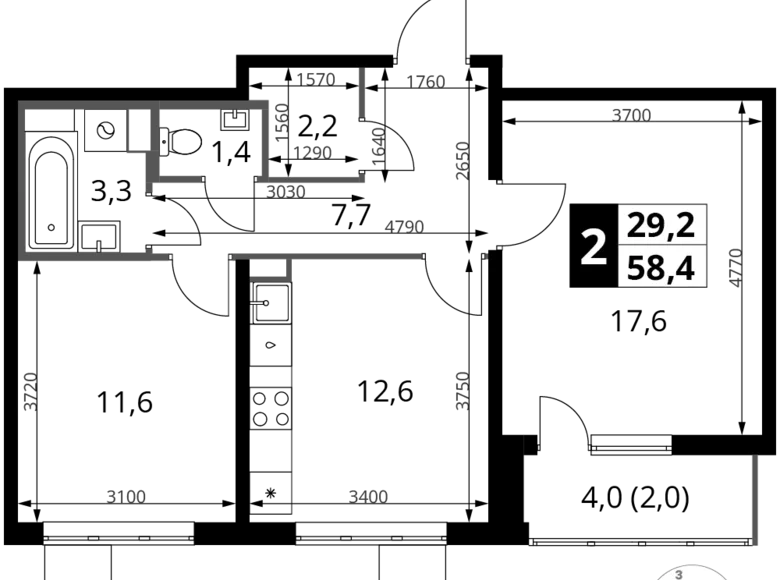 2 room apartment 58 m² Leninsky District, Russia