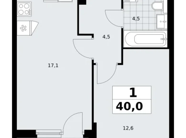 1 room apartment 40 m² Troitsk, Russia
