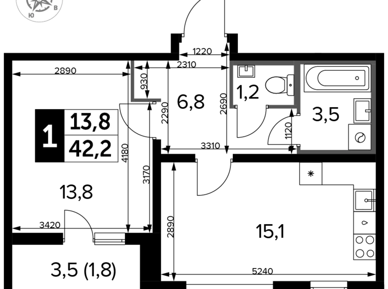 1 room apartment 42 m² Leninsky District, Russia