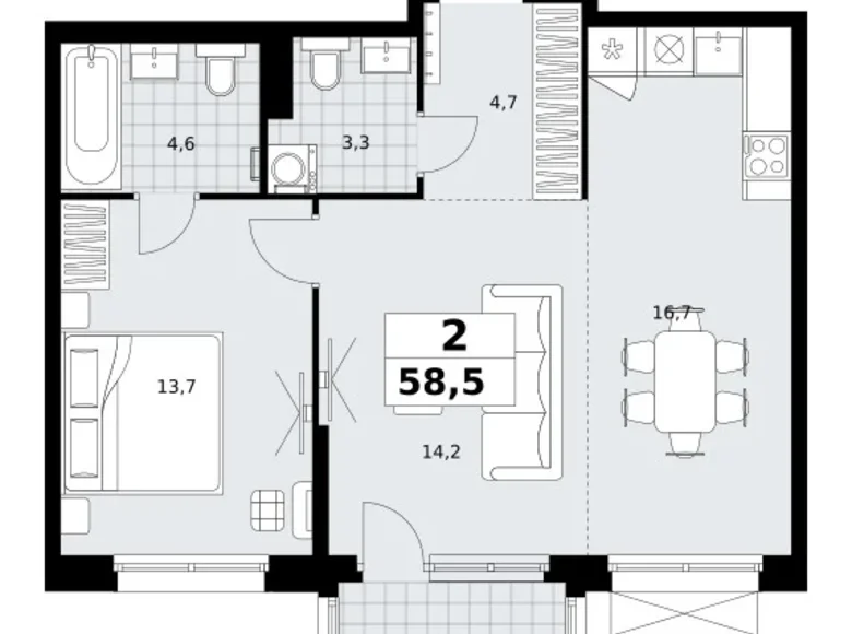 2 room apartment 59 m² Kommunarka, Russia