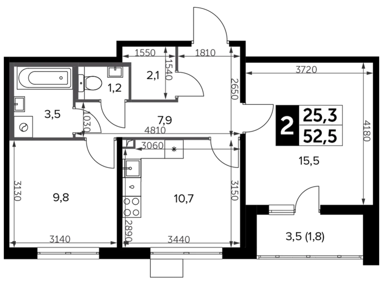 2 room apartment 54 m² Leninsky District, Russia