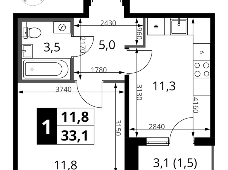 Apartamento 1 habitación 33 m² Jimki, Rusia