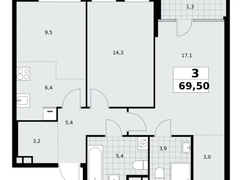 Квартира 3 комнаты 70 м² Москва, Россия