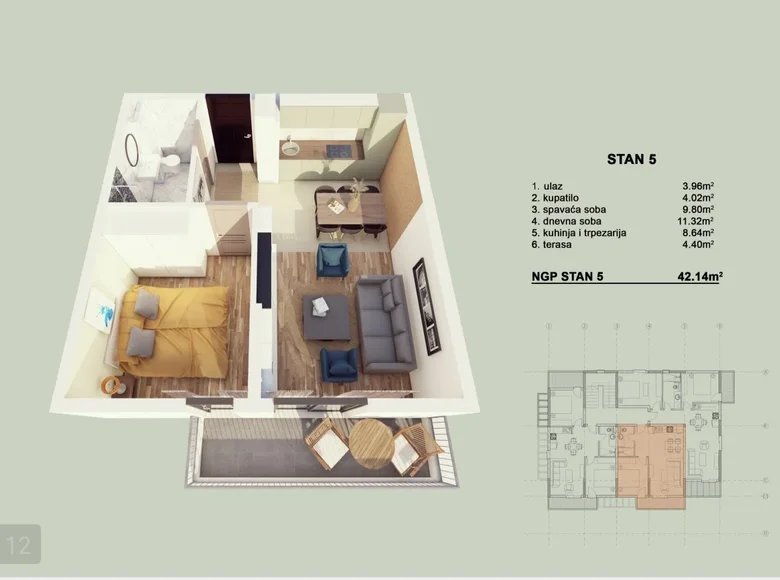 Квартира 1 спальня 42 м² Доброта, Черногория