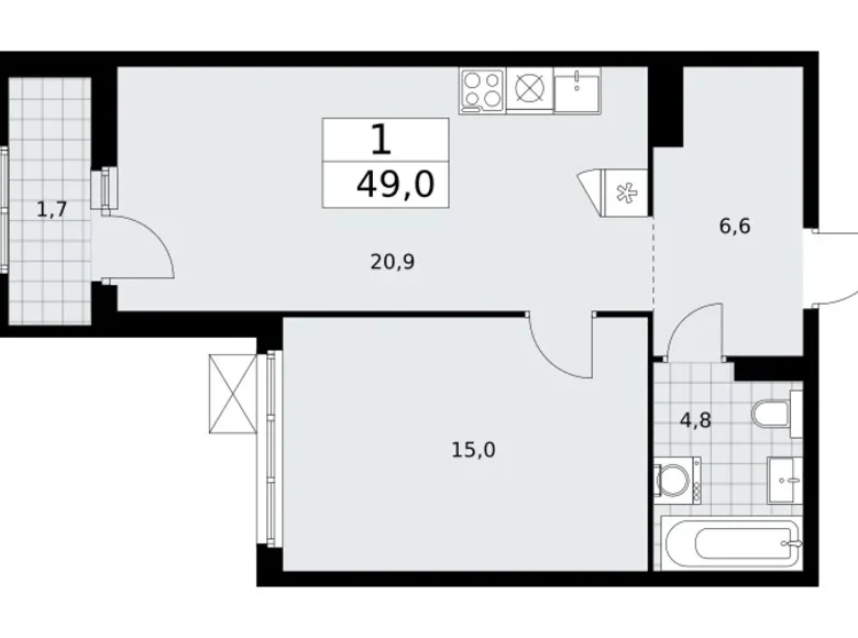 Квартира 1 комната 49 м² район Троицк, Россия