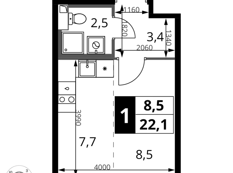 1 room studio apartment 22 m² Khimki, Russia