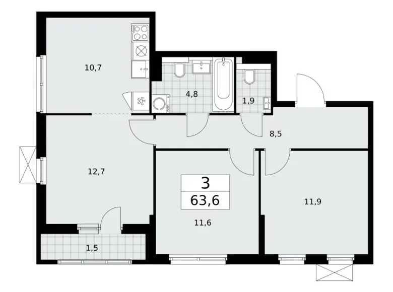 Mieszkanie 3 pokoi 64 m² Kommunarka, Rosja