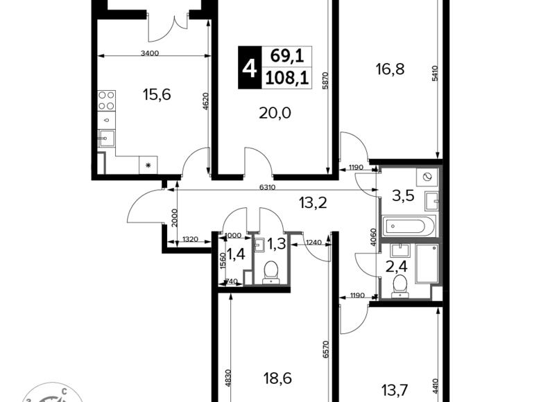 4 room apartment 108 m² Leninsky District, Russia