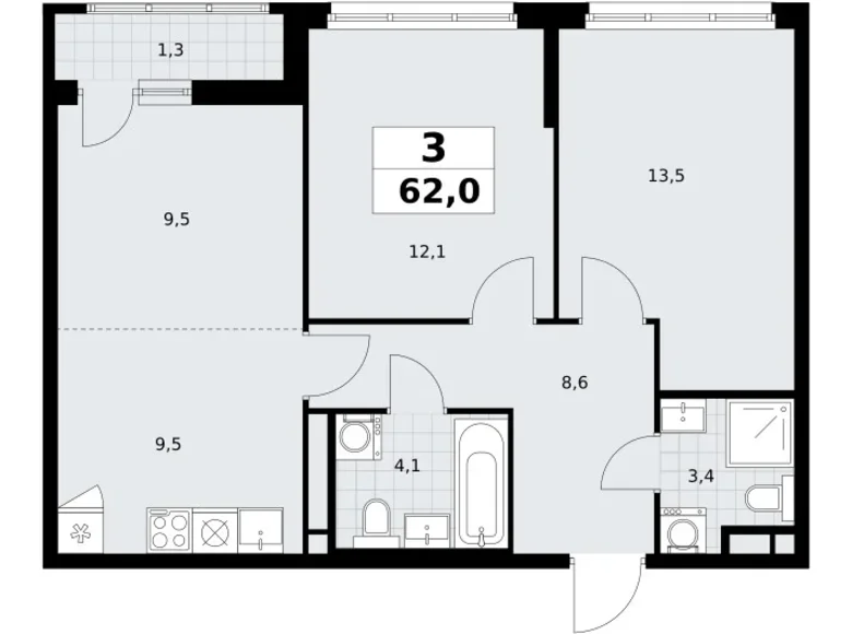 3 room apartment 62 m² Vnukovo, Russia