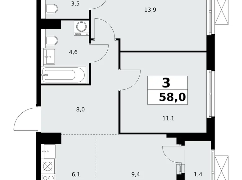 3 room apartment 58 m² Kommunarka, Russia