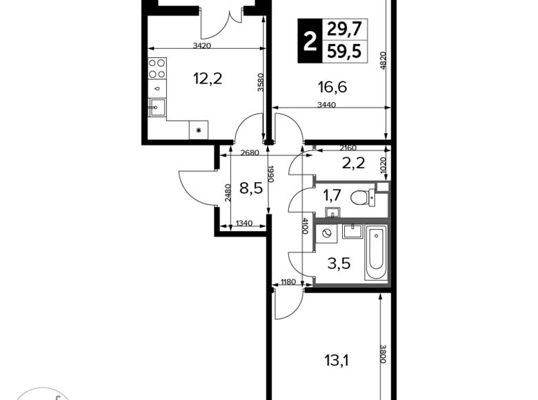 2 room apartment 59 m² Moscow, Russia