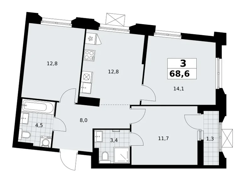 Квартира 3 комнаты 69 м² район Троицк, Россия