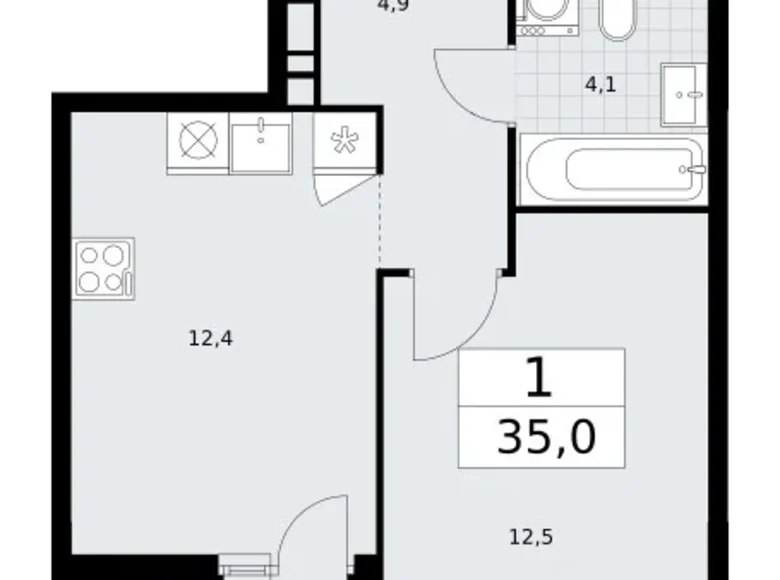 1 room apartment 35 m² Vnukovo, Russia