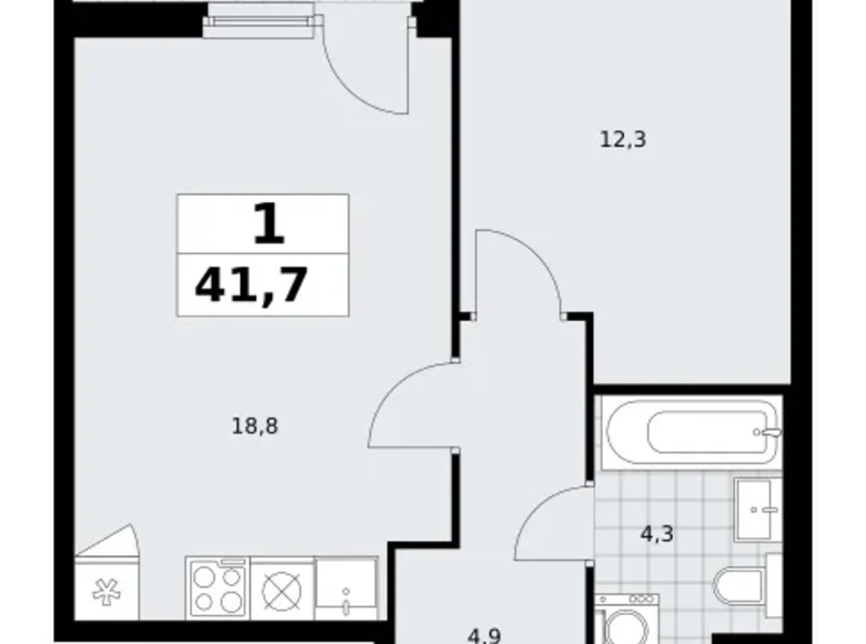 1 room apartment 42 m² Troitsk, Russia