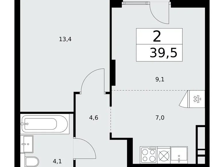 2 room apartment 40 m² Troitsk, Russia