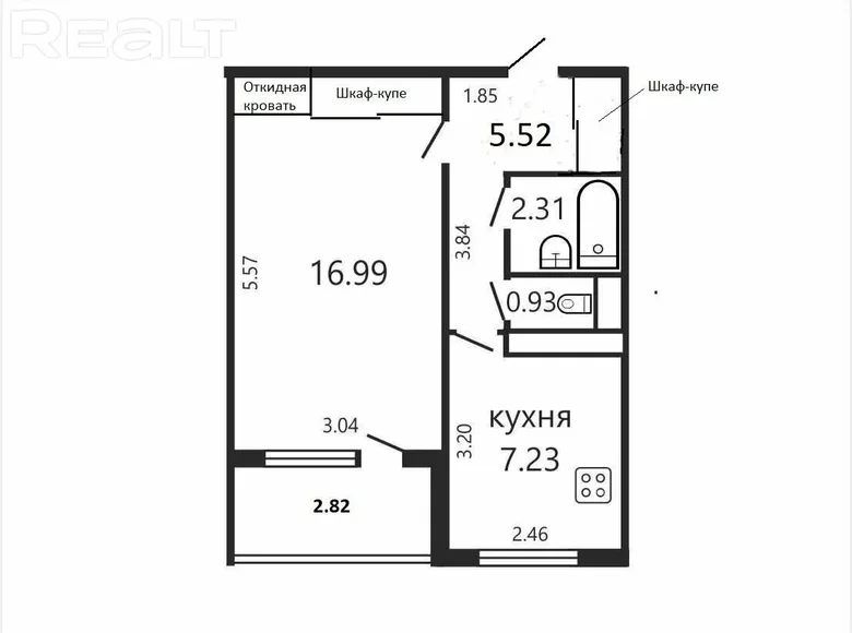 1 room apartment 36 m² Minsk, Belarus