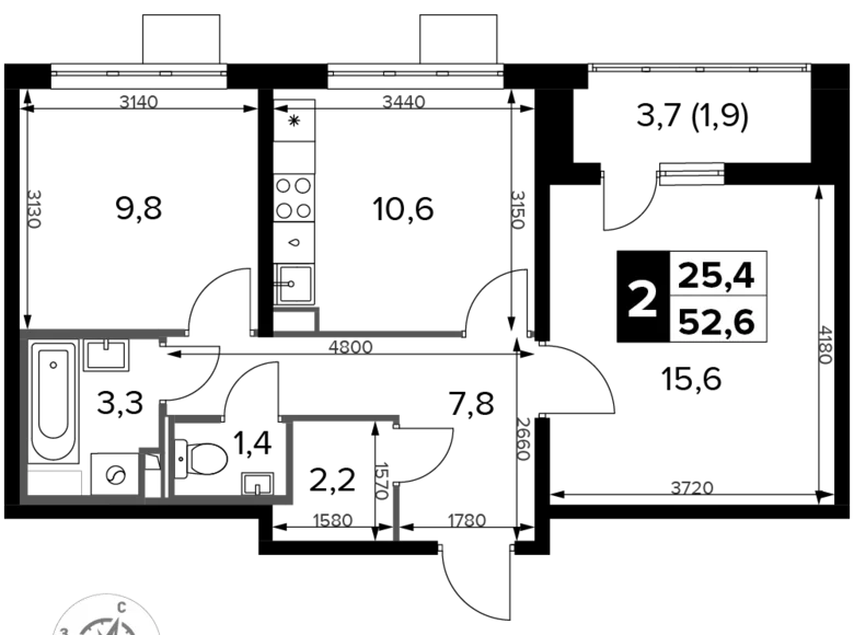 Mieszkanie 2 pokoi 53 m² Sapronovo, Rosja