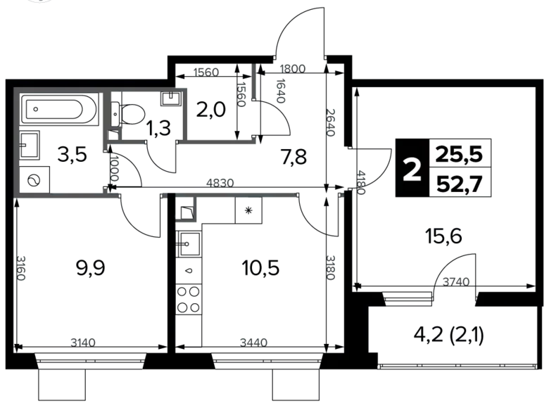 2 room apartment 53 m² Moscow, Russia