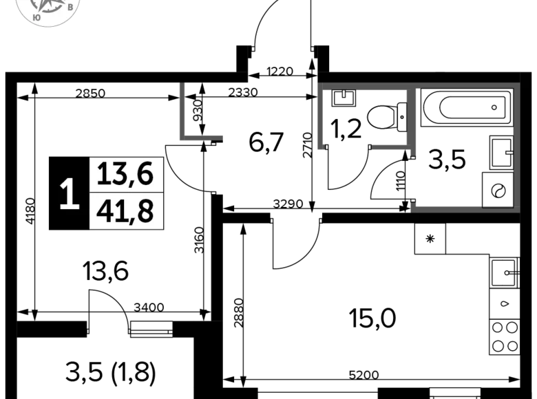 1 room apartment 42 m² Leninsky District, Russia