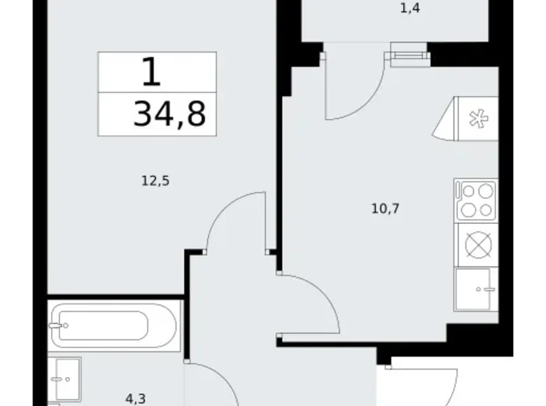 Квартира 1 комната 35 м² район Троицк, Россия