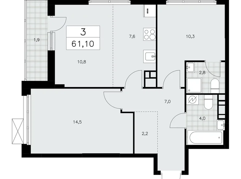 3 room apartment 61 m² Kommunarka, Russia