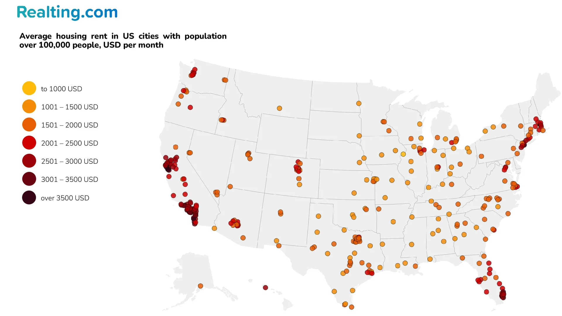 Average monthly rent in US cities with populations over 100,000, USD