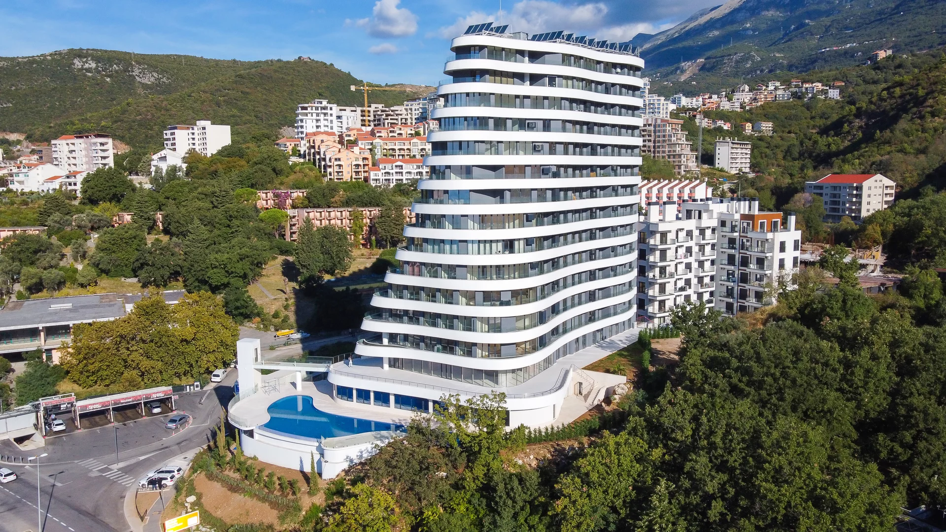 apartment buildings with mountain views