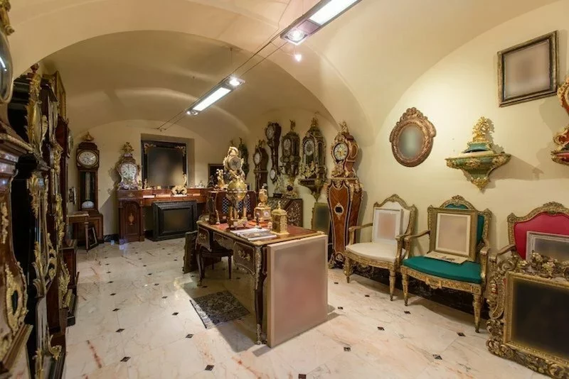 Many antique clocks in a room of a castle in the village of Blato in Slovenia