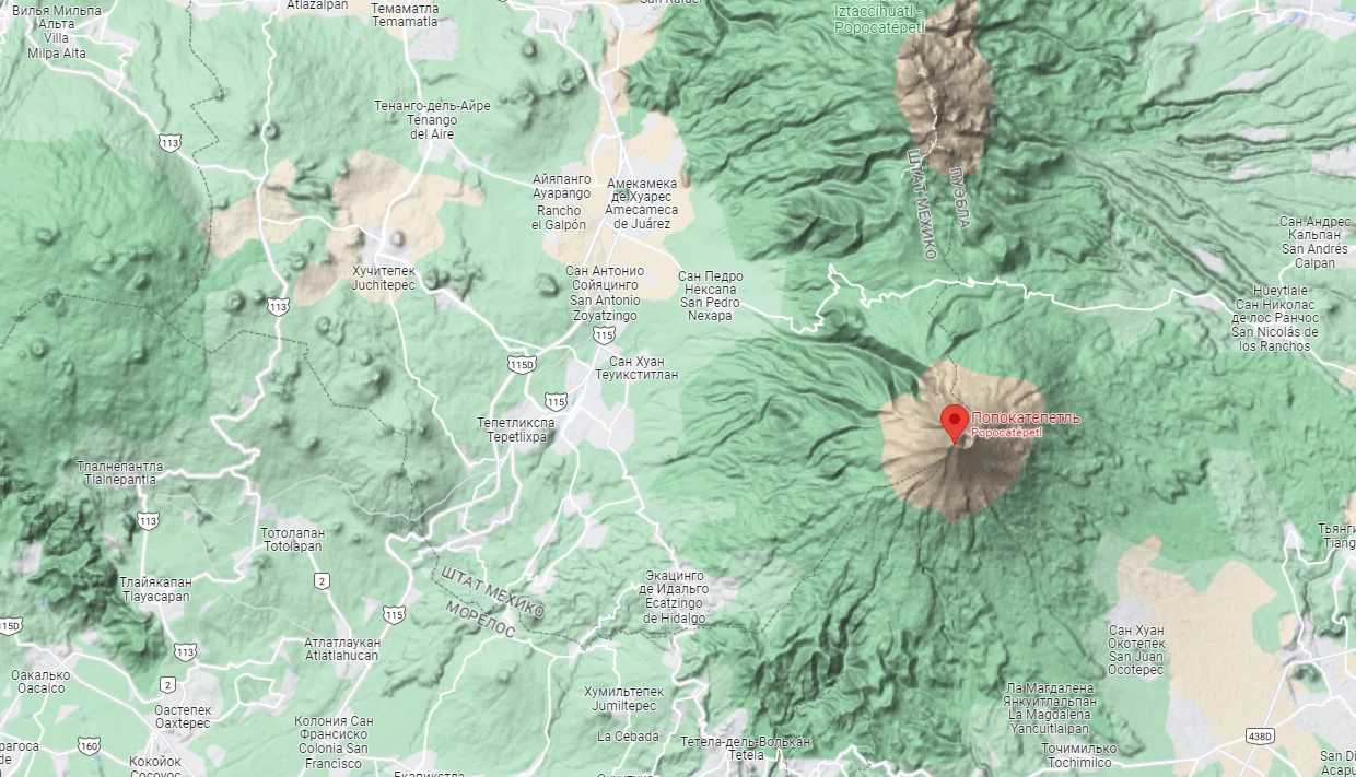 карта вулкана Попокатепетль