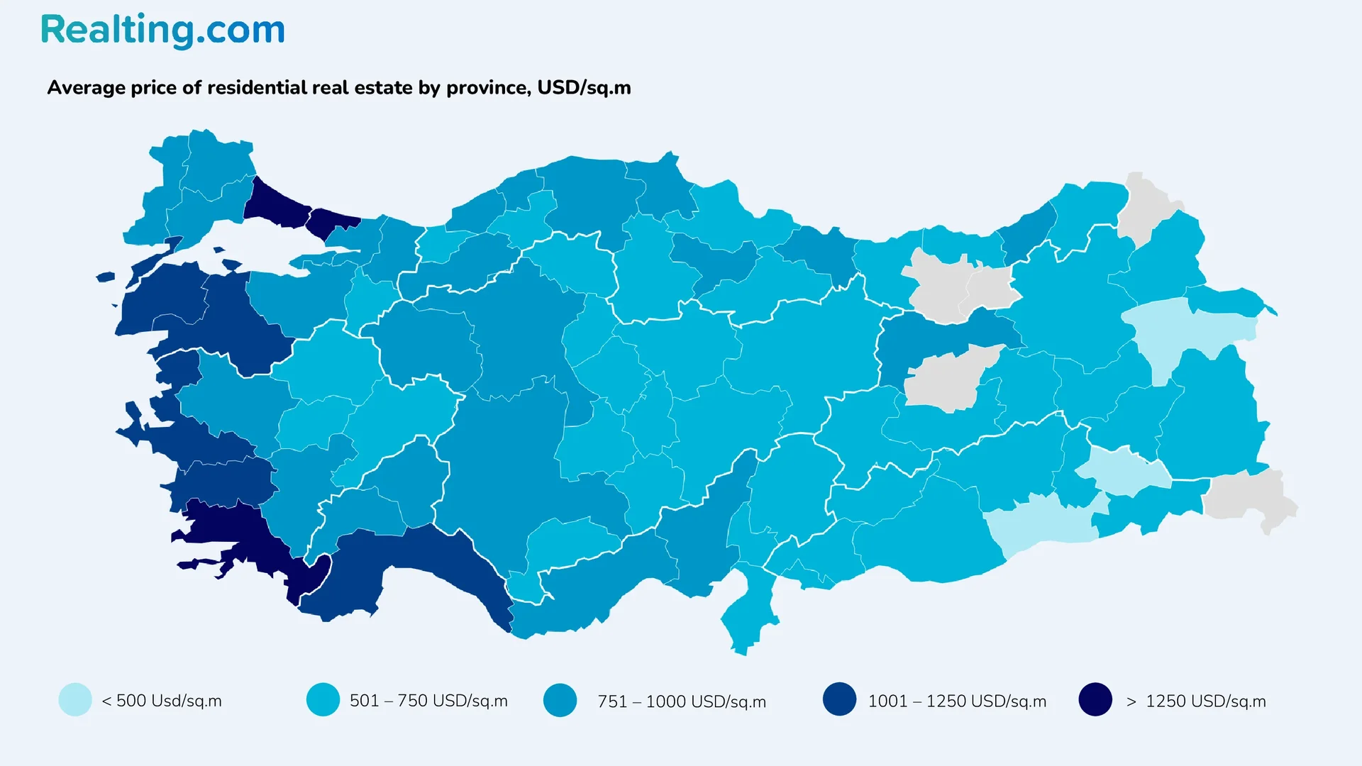 Average price of residential real estate depending on the province, USD/sq. m