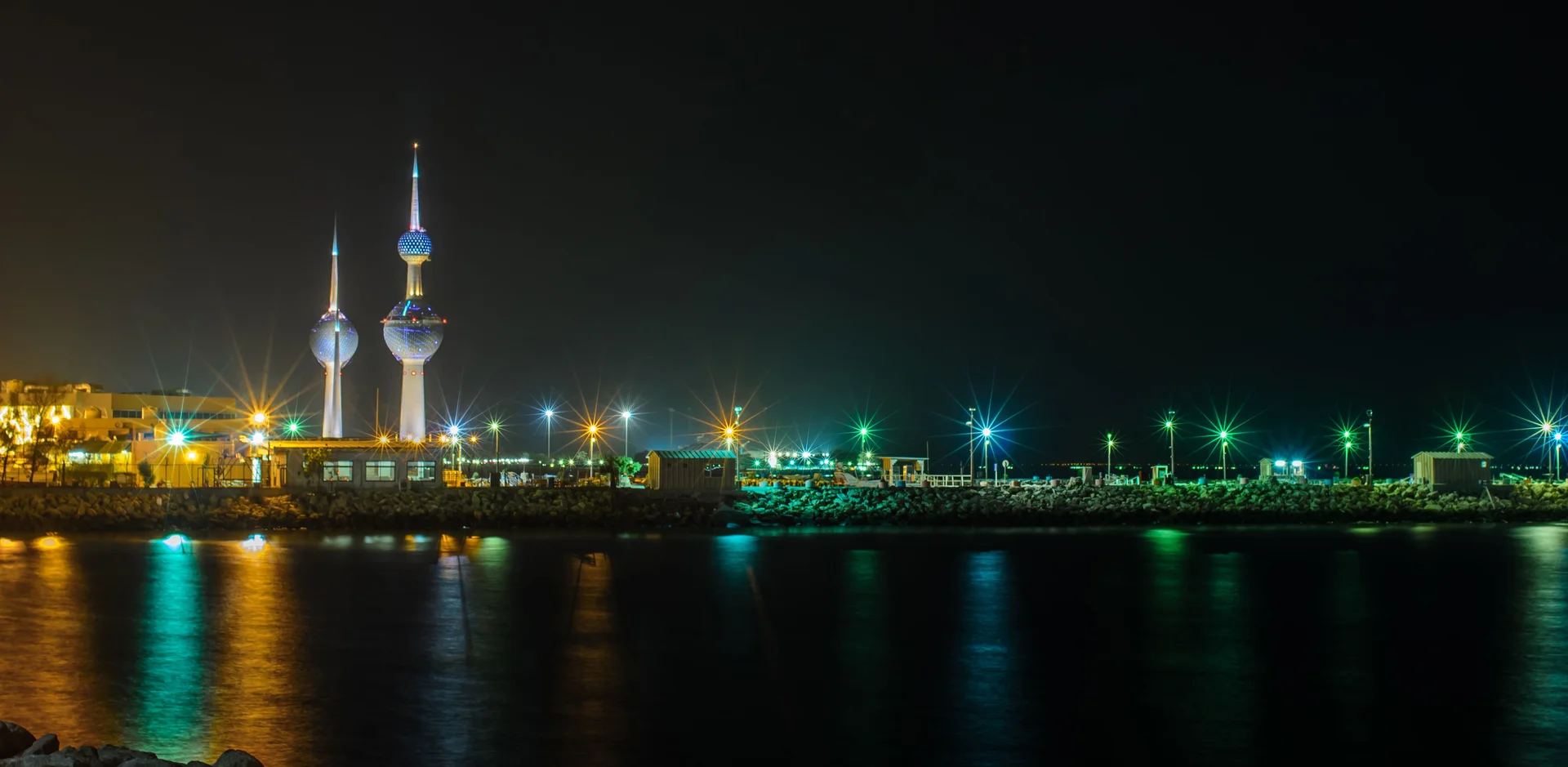 Night view of Kuwait City and the famous illuminated towers