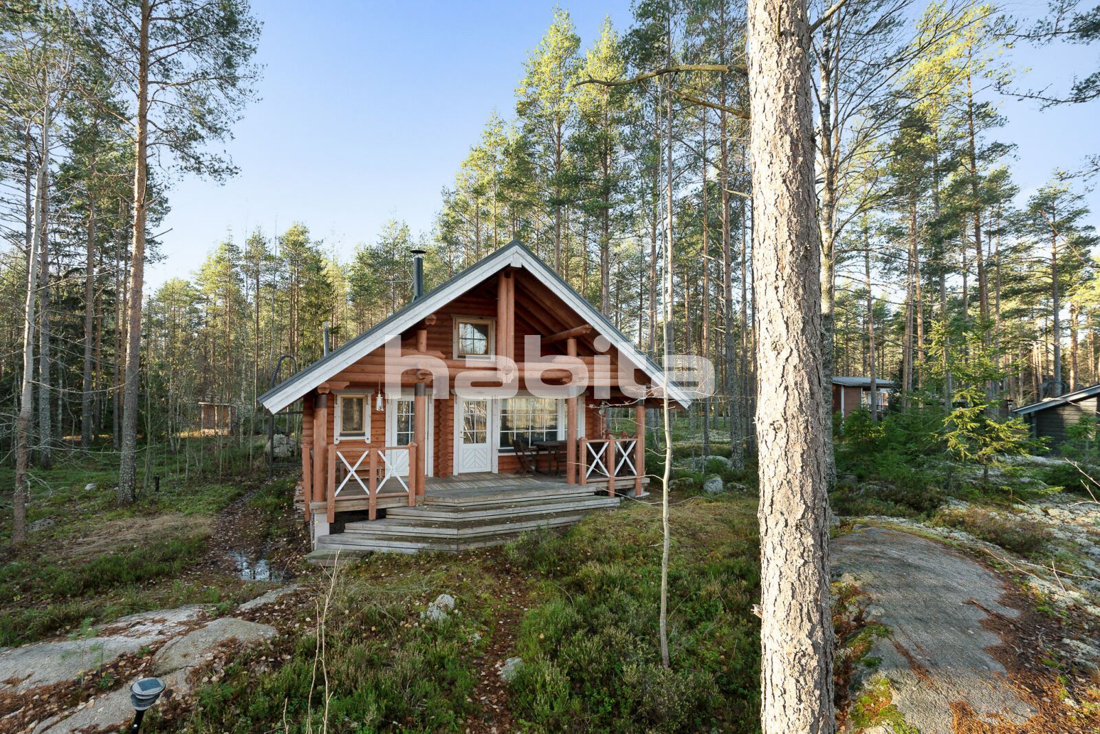 A house in Finland, surrounded by a river and a forest