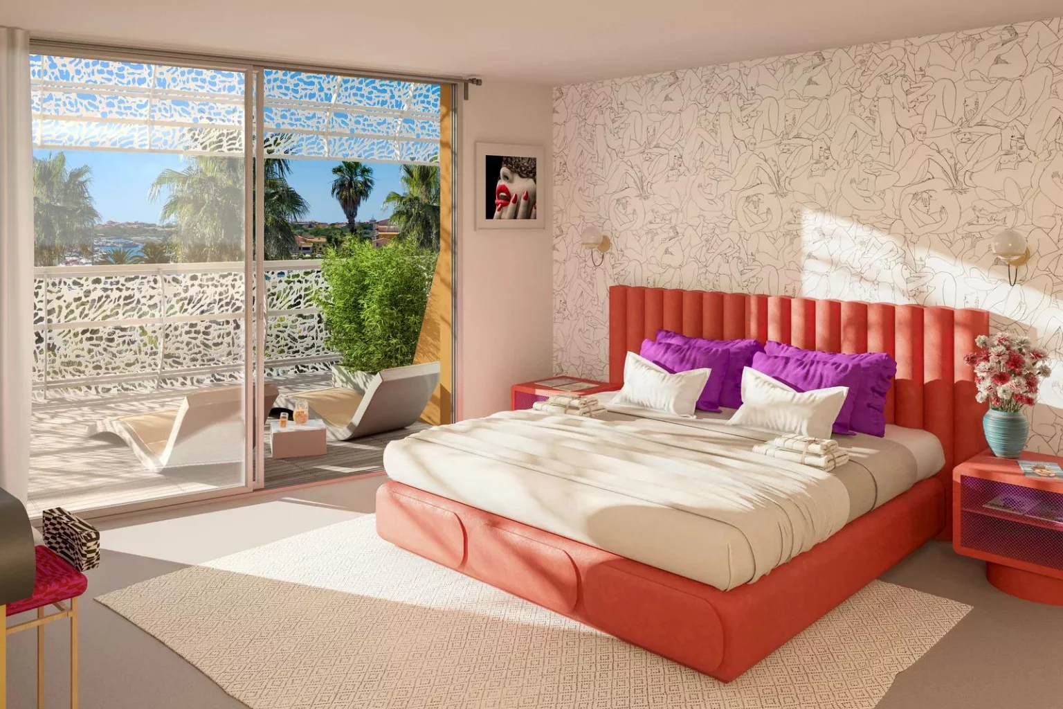 красная кровать в спальне квартиры во Франции