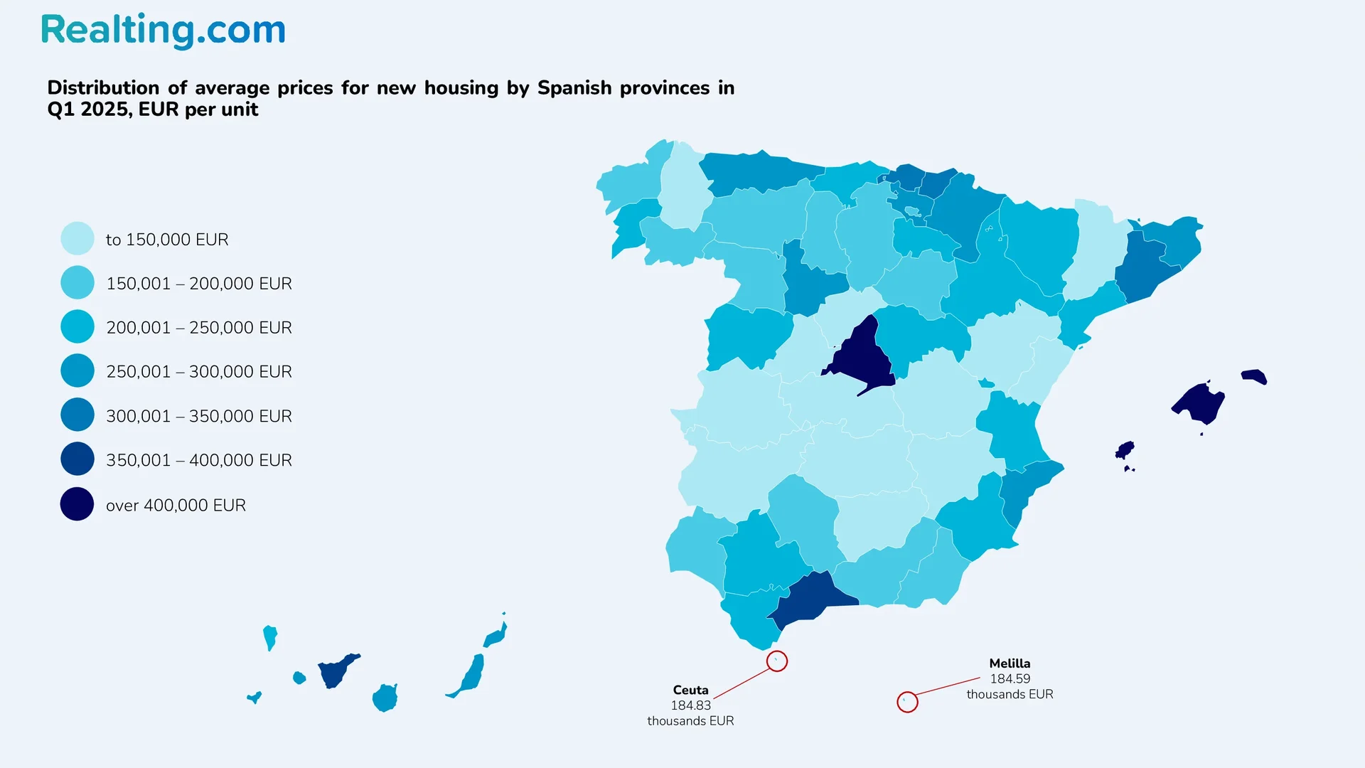 Distribuci&oacute;n de precios medios de vivienda nueva por provincias de Espa&ntilde;a en el primer trimestre de 2025, EUR por unidad