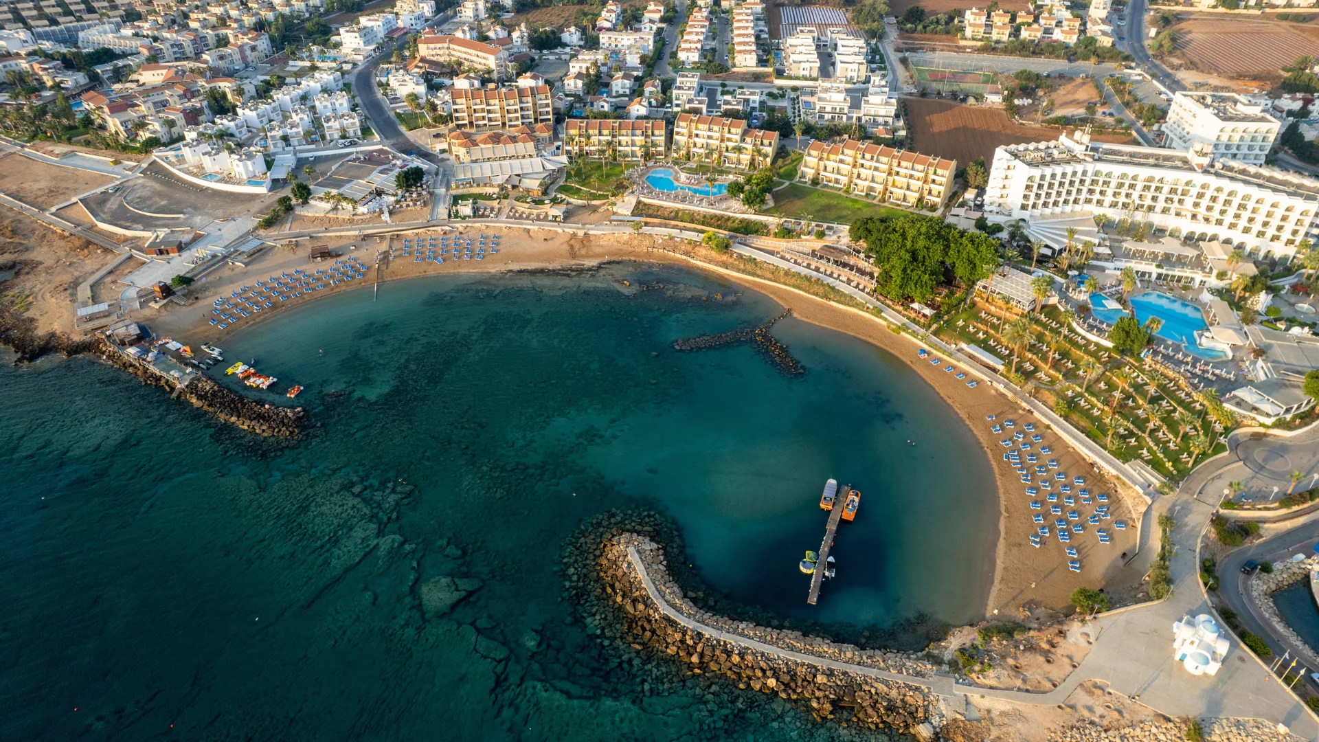 An aerial view of the coastal area and harbour in Limassol, Cyprus
