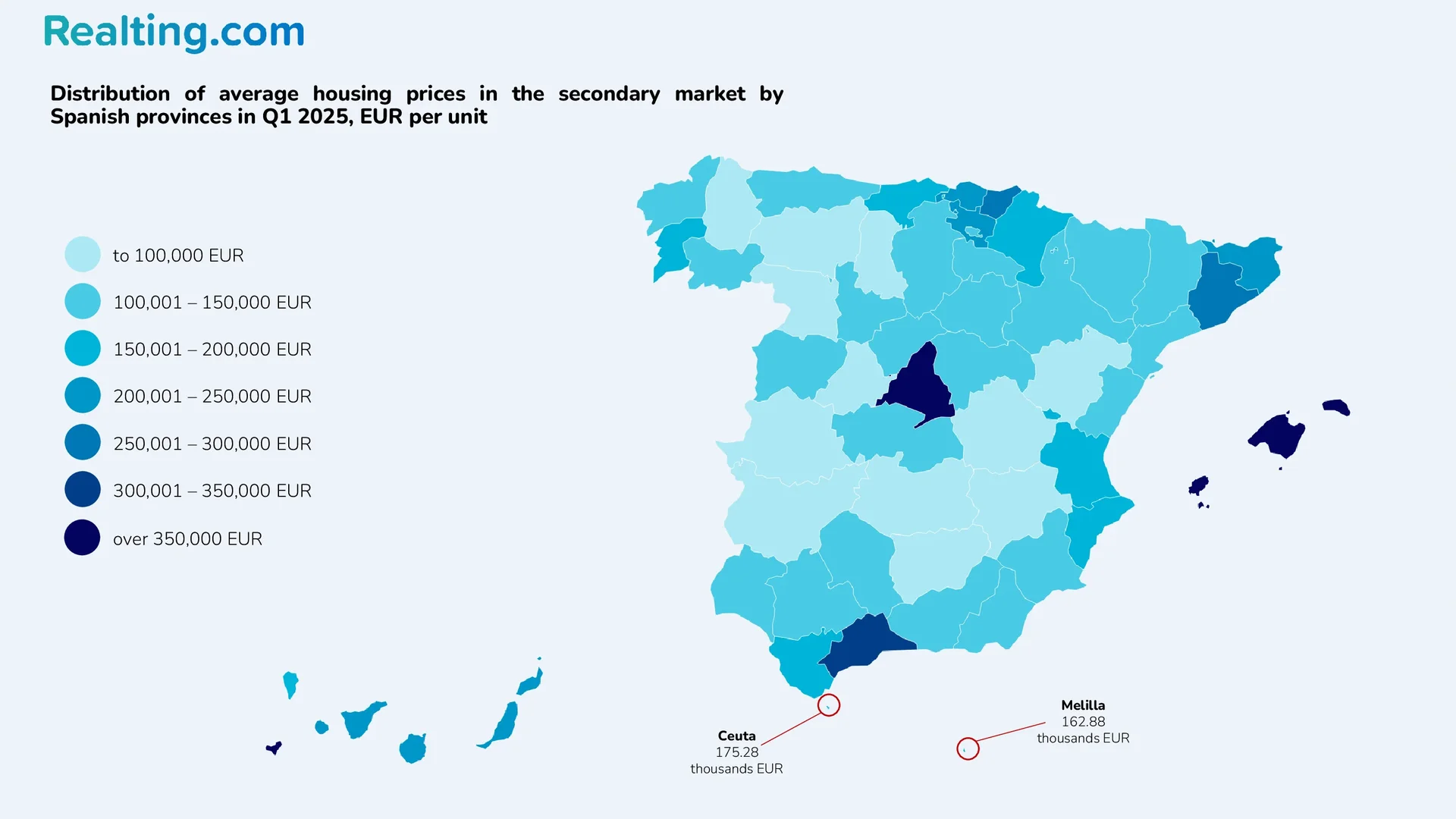 Distribuci&oacute;n de los precios medios de la vivienda en el mercado secundario por provincias de Espa&ntilde;a en el primer trimestre de 2025, EUR por unidad