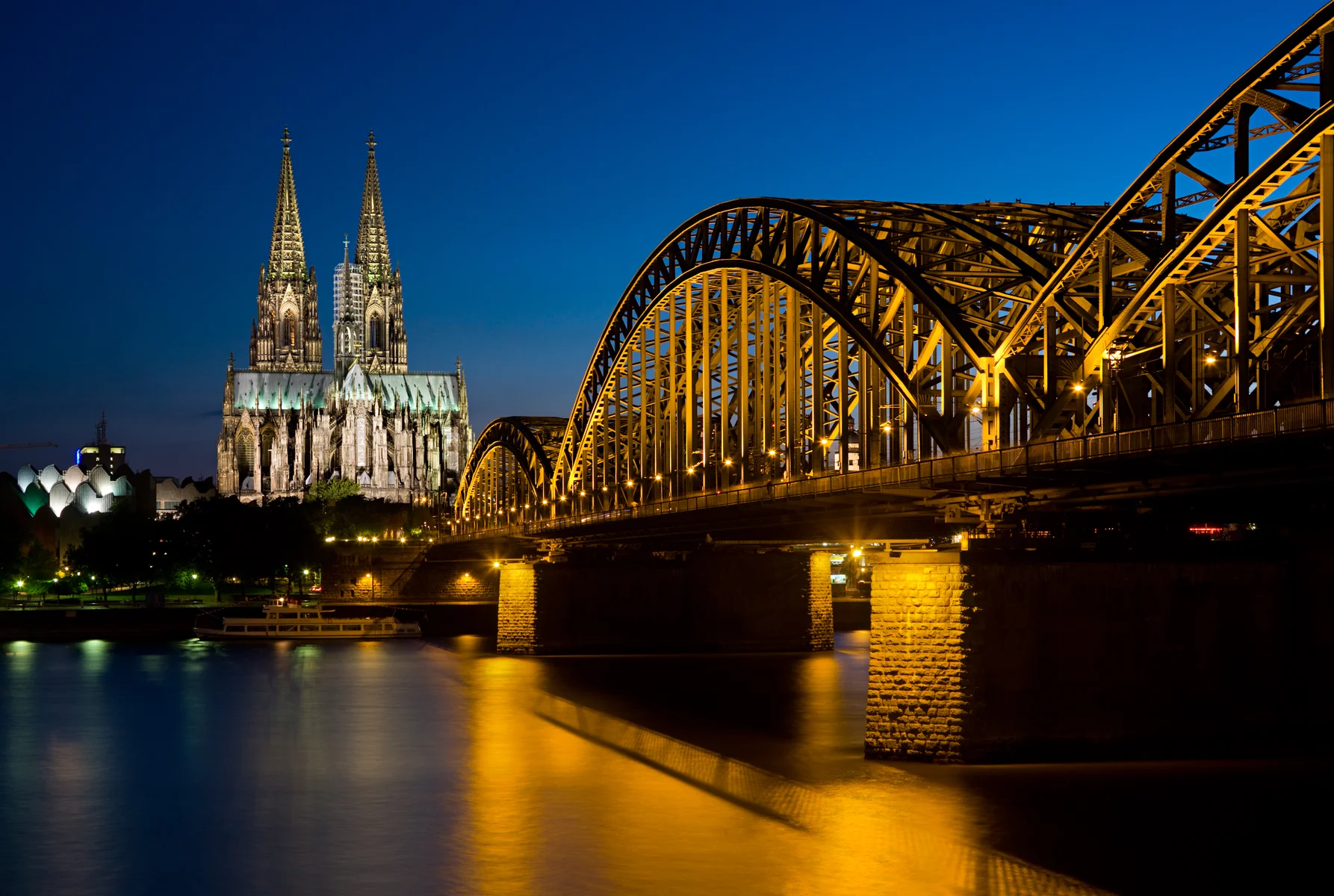 Cologne Cathedral and bridge at night, Germany