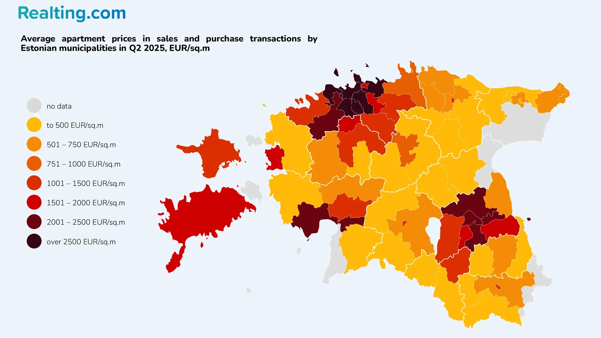 Average prices for apartments in purchase and sale transactions by municipality in Estonia in the second quarter of 2025, EUR/sq. m.